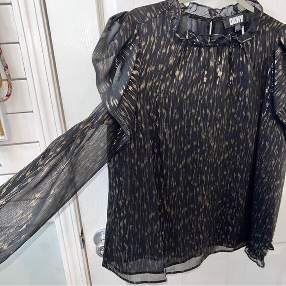 DKNY Long Sleeve Ruffle Black & Gold Blouse size Large w keyhole button closure - Picture 4 of 11